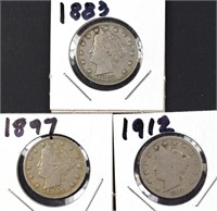 1883, 97, 1912 Liberty Head Nickels (3)