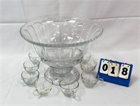 Punch Bowl, Glass, w/Stand & Cups, Approx. 15"