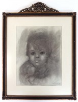 Art: Charcoal drawing of a child, framed, by