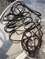 Lot of Brown Horse Bridles and Tack