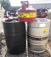 This lot has 2  beer kegs and a metal gas can