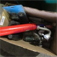 Box of misc. parts--barrel pump, glass insulators,