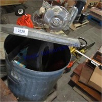 Galvanized trash can w/ rubber tires, lamp