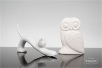White Ceramic Cat and Owl Sculptures