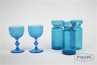 Blue Glass KASTRUP GLAS Votives and Stemware Pair
