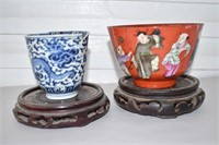 Pair Early Chinese Bowls & Stands Dragons
