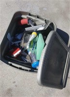 Lidded Tote of Concrete Tools, Saw Blade & More