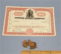 2" Long copper ore specimen and Copper Range stock