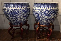 Pair Of Oriental Blue Decorated Jardinieres