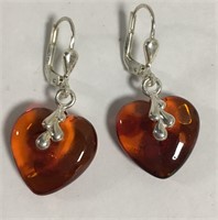 Sterling Silver And Amber Heart Earrings