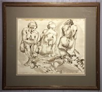 Attr. Reginald Marsh Watercolor Of 5 Nude Women