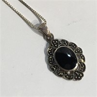 Sterling, Black Onyx & Marcasite Pendant Necklace