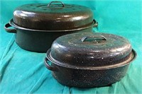 Two enamel covered roast pans,  15" x 11" & 11" x