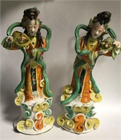 Pair Of Oriental Hand Painted Porcelain Figurines