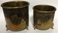 Two Arts And Crafts Wood & Metal Inlay Footed Pots