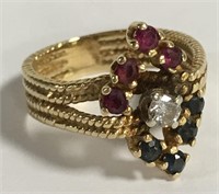 14k Gold, Diamond, Ruby & Sapphire Ring