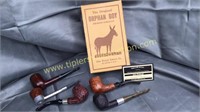 5 vintage pipes and tobacco box
