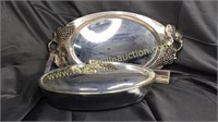 Silver platter serving tray and glass dish with