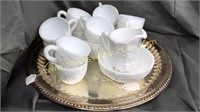 12 milk glass punch cups, creamer, bowl on silver