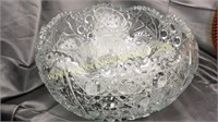 Large heavy presscut punch bowl and 17 matching