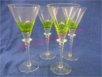 4 nice green crystal stemmed martini glasses(tall)