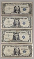 Four 1957 $1 Silver Certificates