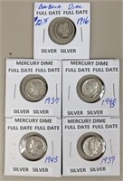 Four Mercury & One Barber Silver Dimes