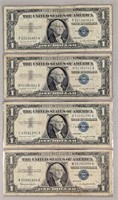 Four 1957 $1 Silver Certificates