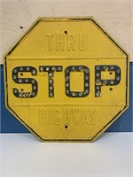 Yellow STOP THRU HIGHWAY Cat Eye Reflector Sign