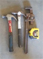 18" Pipe Wrench,(2) Hammers & Tape Measure