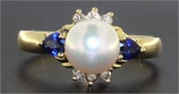 14kt Gold Pearl-Sapphire & Diamond Ring