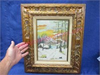 unsigned winter scene painting in gold frame 17x20