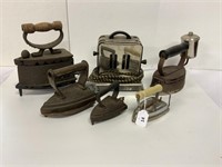 5 ANTIQUE IRONS AND VINTAGE TOASTER AND TRIVETS