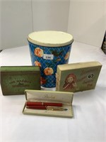 PARKER PEN, STEWART SAFETY PIN BOX AND BISCUIT
