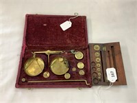SET OF BOXED BRASS GOLD SCALES + BOXED TIMBER