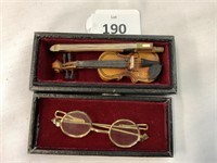 MINIATURE VICTORIAN STYLE GLASSES AND BOXED VIOLIN