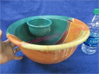 large pottery chip & dip bowl (signed)