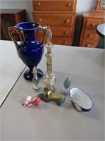 Porcelain Shoes, Cobalt Blue Vase, Bohemian Glass