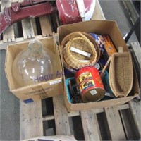 2 boxes--glass bottle, baskets/tins