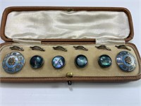 BOXED SET OF VICTORIAN ENAMEL AND MOTHER OF PEARL