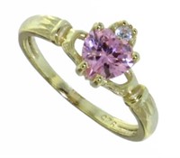 Pink Sapphire & White Topaz Heart Claddagh Ring