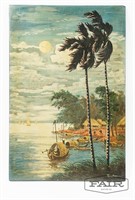 Vintage Lacquer Painting on Board, Harbor Scene