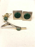 Jade cufflinks and tie tack and a tie clip