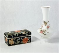Hand Painted Satin Glass Vase & Box Container