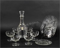 Etched & Cut Glass Decanter, Stemware & Plates