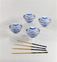 Oriental Style Soup Bowls with Lids & Chop Sticks
