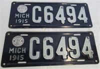 Rare Pair of 1915 Michigan License Plates with