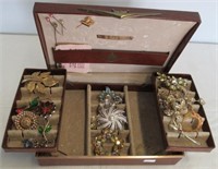 Vintage Jewelry Box with Various Brooches.