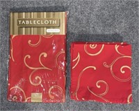 9pc Red & Gold Tablecloth & Napkins