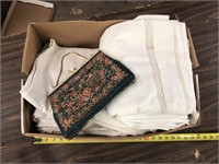 BOX OF LINENS AND PURSE